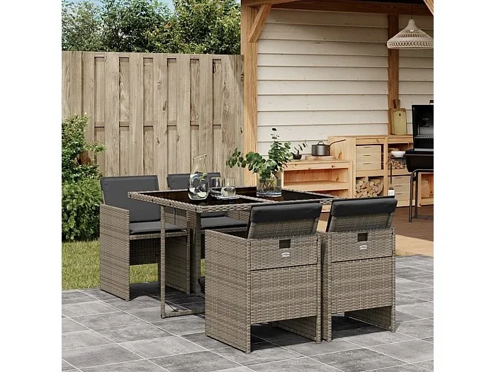 Set comedor de jardín 5 piezas con cojines ratán sintético gris ES307666