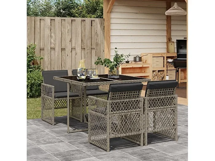 Set comedor de jardín 5 piezas con cojines ratán sintético gris