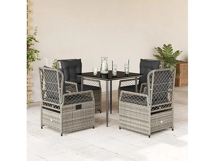 Set comedor de jardín 5 piezas con cojines ratán sintético gris