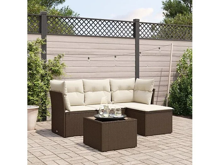 Set comedor de jardín 5 piezas y cojines ratán sintético marrón