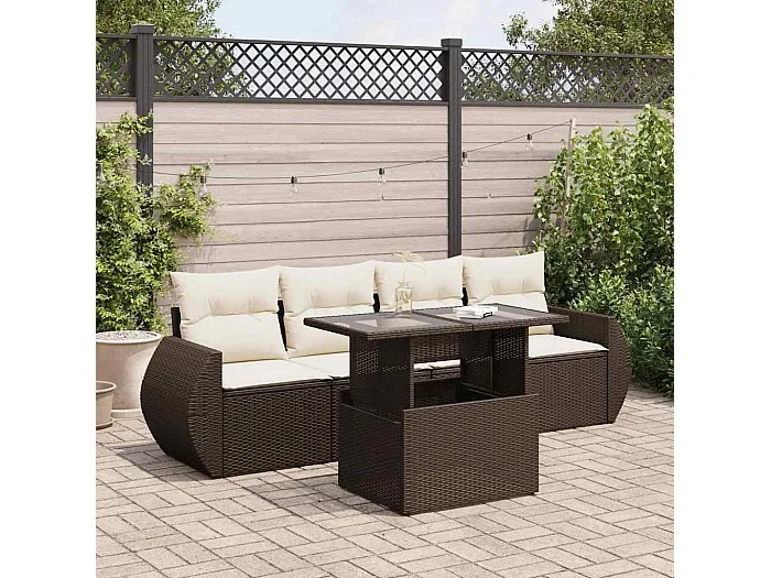 Set comedor de jardín 5 piezas y cojines ratán sintético marrón