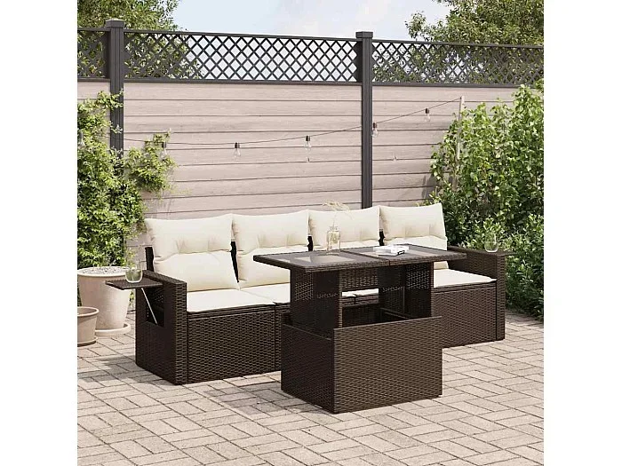 Set comedor de jardín 5 piezas y cojines ratán sintético marrón