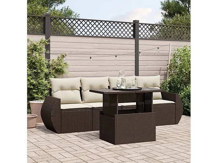 Set comedor de jardín 5 piezas y cojines ratán sintético marrón