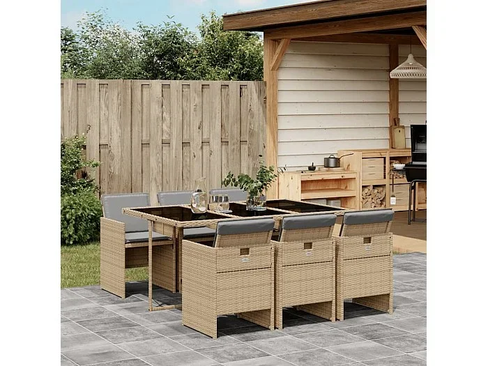 Set comedor de jardín 7 piezas con cojines ratán sintético beige