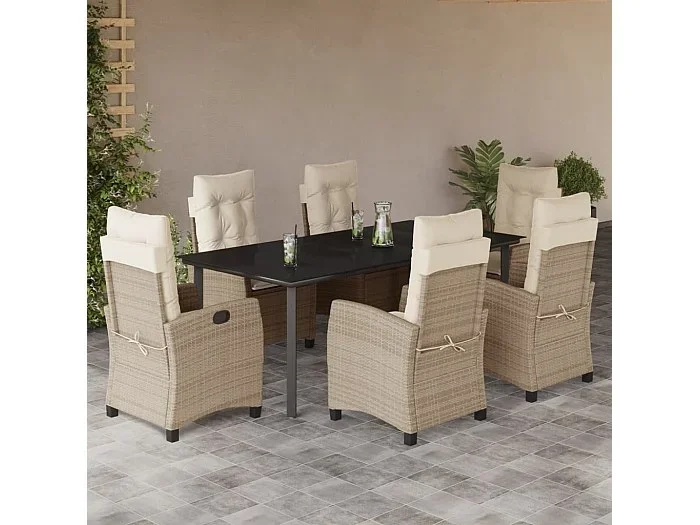 Set comedor de jardín 7 piezas con cojines ratán sintético beige