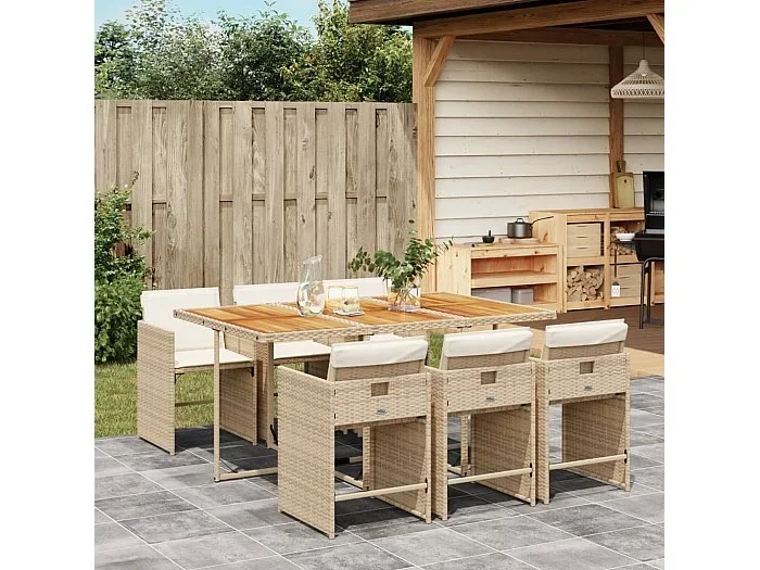 Set comedor de jardín 7 piezas con cojines ratán sintético beige