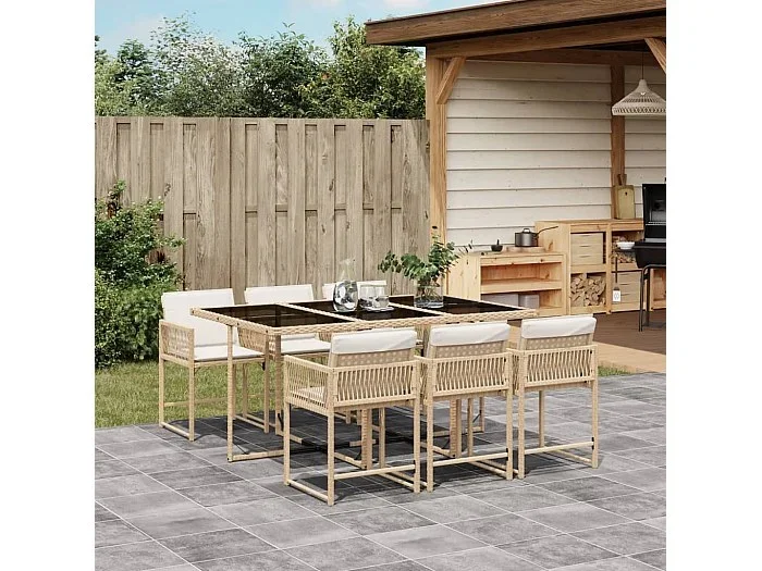 Set comedor de jardín 7 piezas con cojines ratán sintético beige