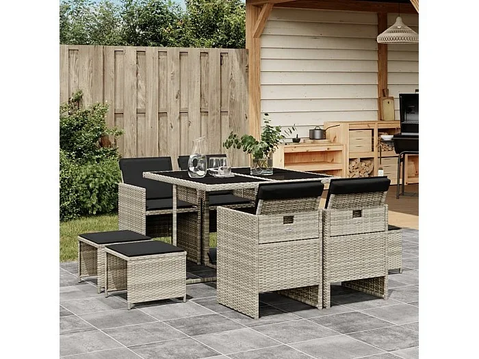 Set comedor de jardín 9 piezas cojines ratán sintético gris claro