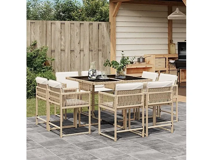 Set comedor de jardín 9 piezas con cojines ratán sintético beige