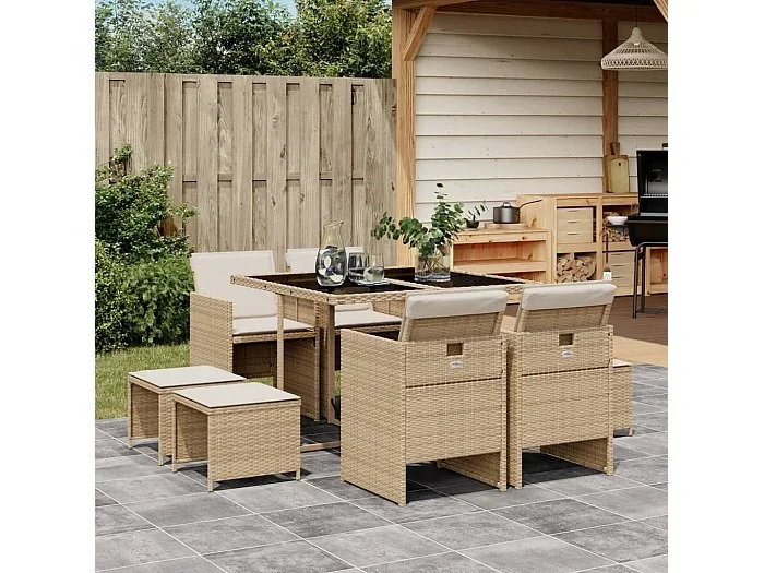 Set comedor de jardín 9 piezas con cojines ratán sintético beige