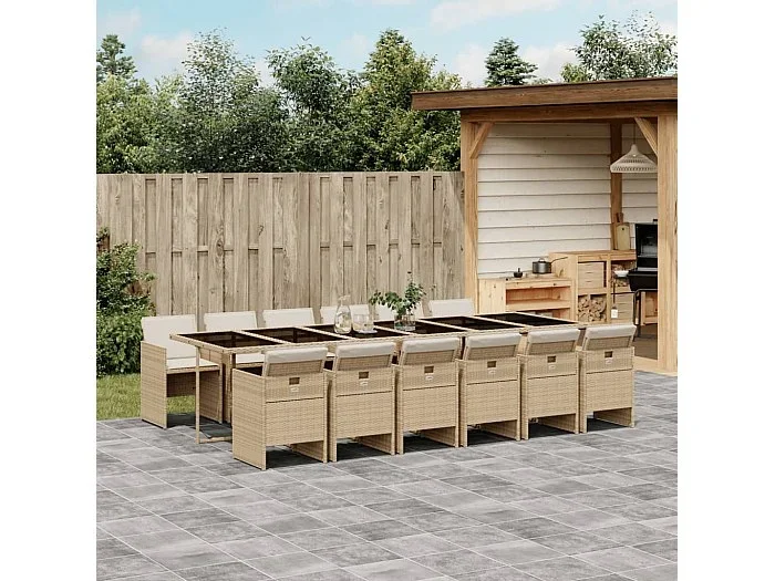 Set comedor de jardín con cojines 13 piezas ratán sintético beige