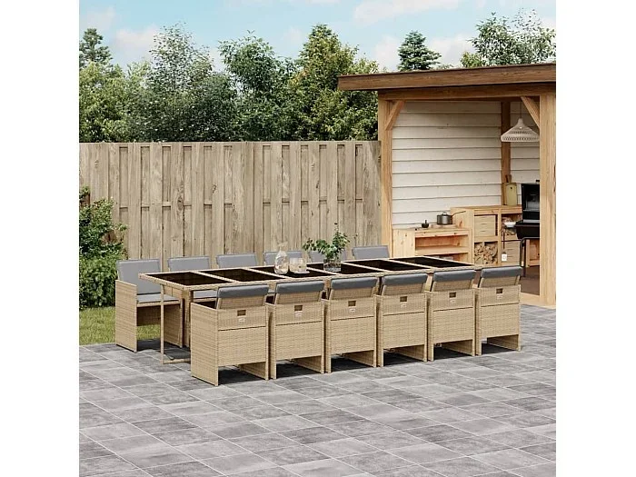 Set comedor de jardín con cojines 13 piezas ratán sintético beige