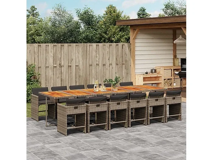 Set comedor de jardín con cojines 13 piezas ratán sintético gris