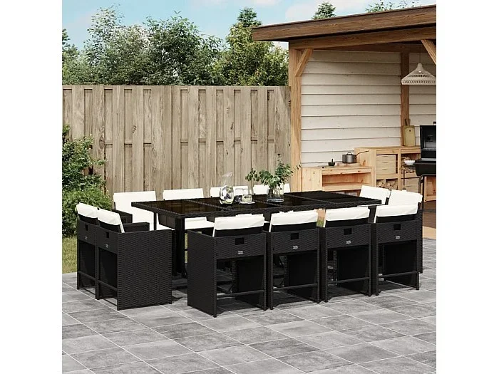 Set comedor de jardín con cojines 13 piezas ratán sintético negro