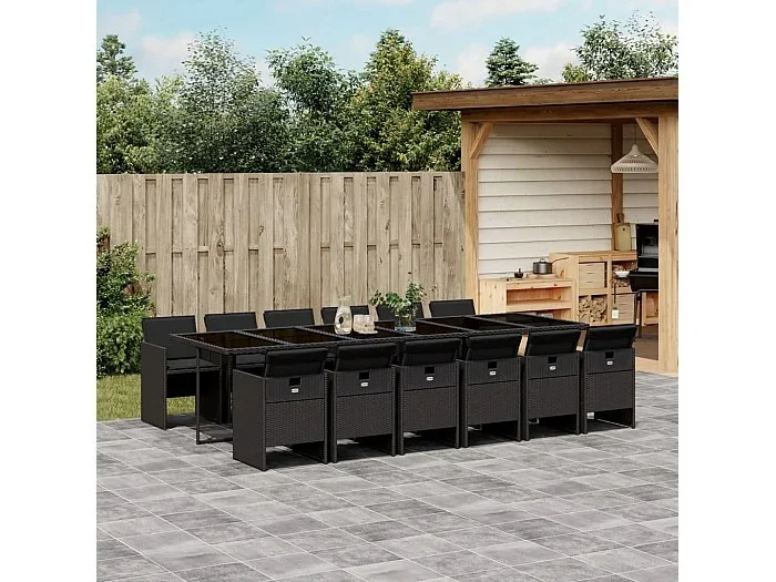 Set comedor de jardín con cojines 13 piezas ratán sintético negro
