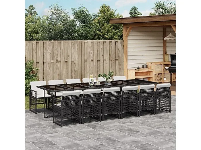 Set comedor de jardín con cojines 13 piezas ratán sintético negro