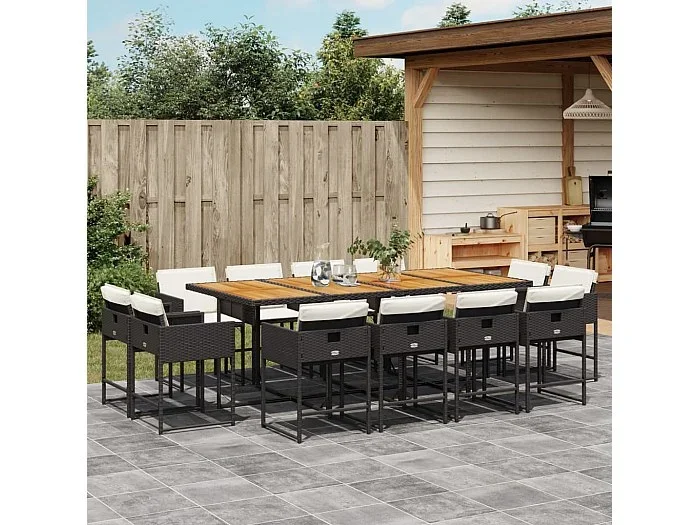 Set comedor de jardín con cojines 13 piezas ratán sintético negro