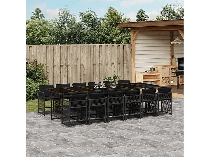 Set comedor de jardín con cojines 13 piezas ratán sintético negro