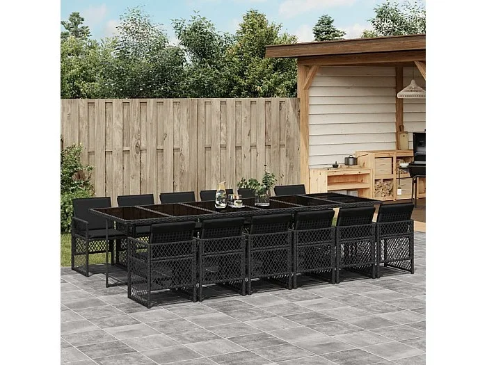 Set comedor de jardín con cojines 13 piezas ratán sintético negro