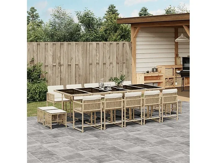 Set comedor de jardín con cojines 15 piezas ratán sintético beige