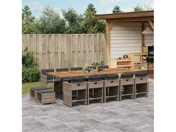 Set comedor de jardín con cojines 15 piezas ratán sintético gris