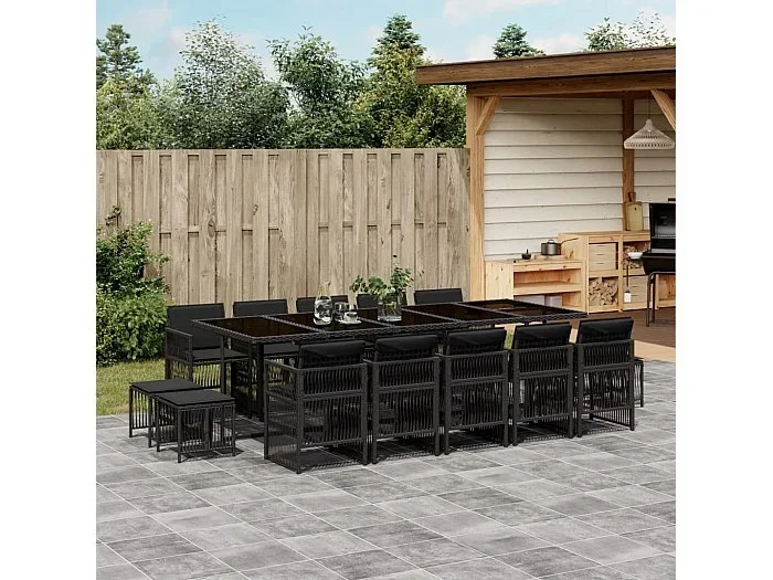 Set comedor de jardín con cojines 15 piezas ratán sintético negro