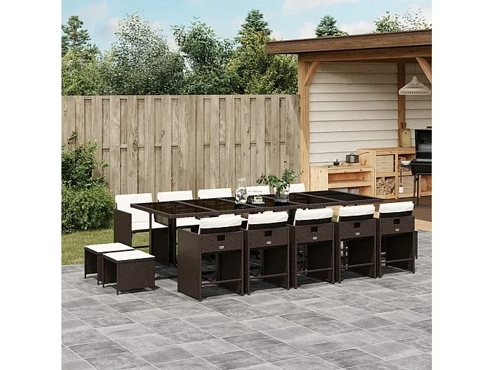 Set comedor de jardín y cojines 15 piezas ratán sintético marrón