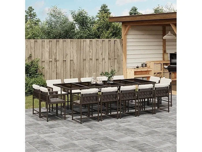 Set comedor de jardín y cojines 15 piezas ratán sintético marrón