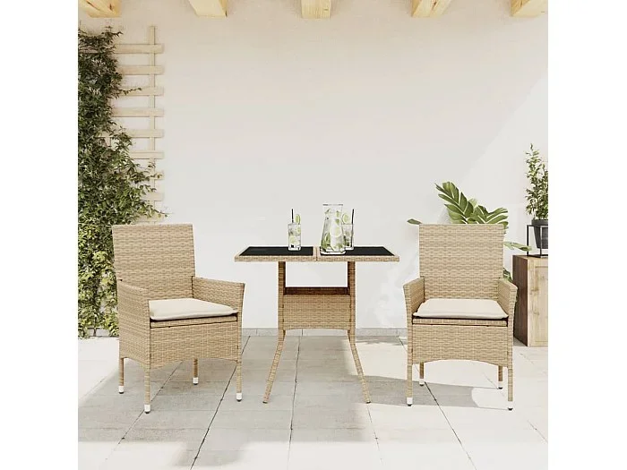 Set comedor jardín 3 piezas cojines ratán sintético vidrio beige