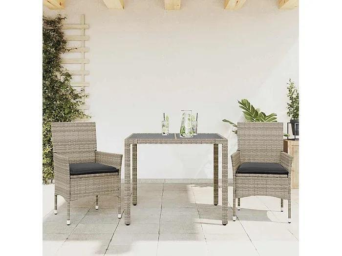 Set comedor jardín 3 piezas y cojines ratán PE vidrio gris claro