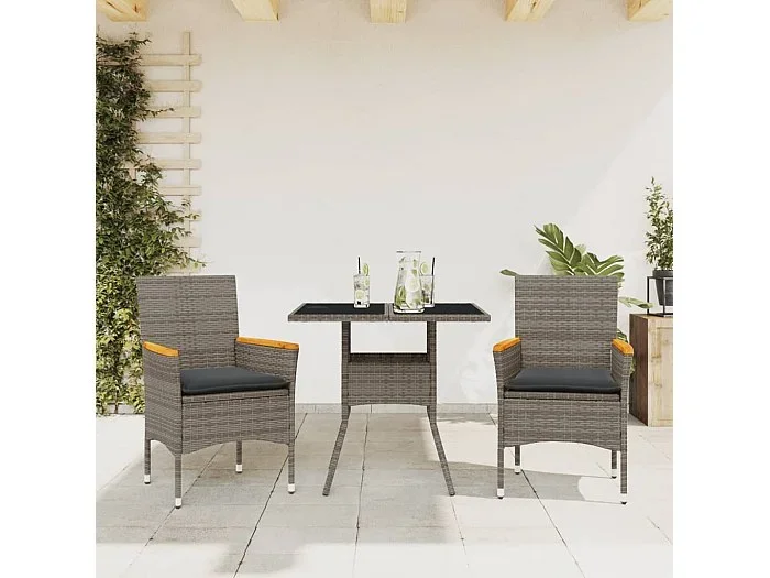 Set comedor jardín 3 piezas y cojines ratán sintético vidrio gris