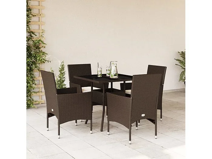 Set comedor jardín 5 piezas cojines ratán sintético vidrio marrón