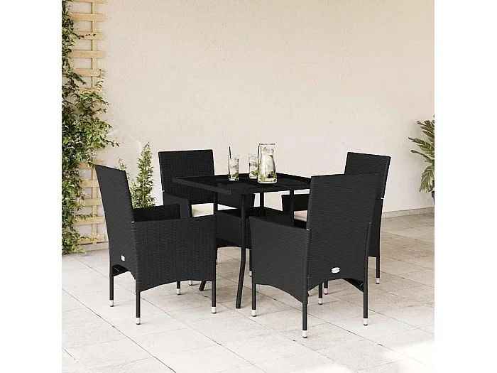 Set comedor jardín 5 piezas cojines ratán sintético vidrio negro