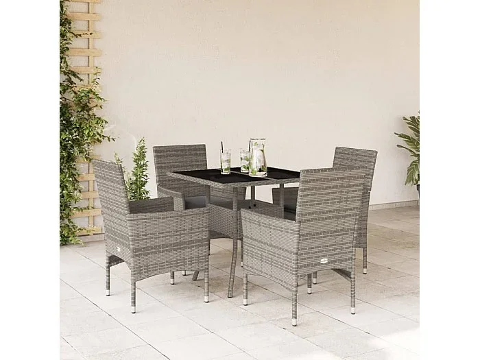 Set comedor jardín 5 piezas y cojines ratán sintético vidrio gris