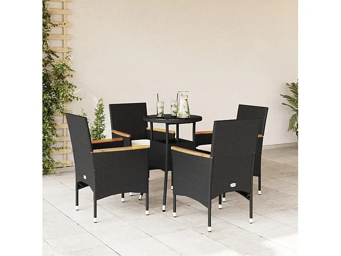 Set comedor jardín 5 pzas cojines ratán sintético vidrio negro ES259807