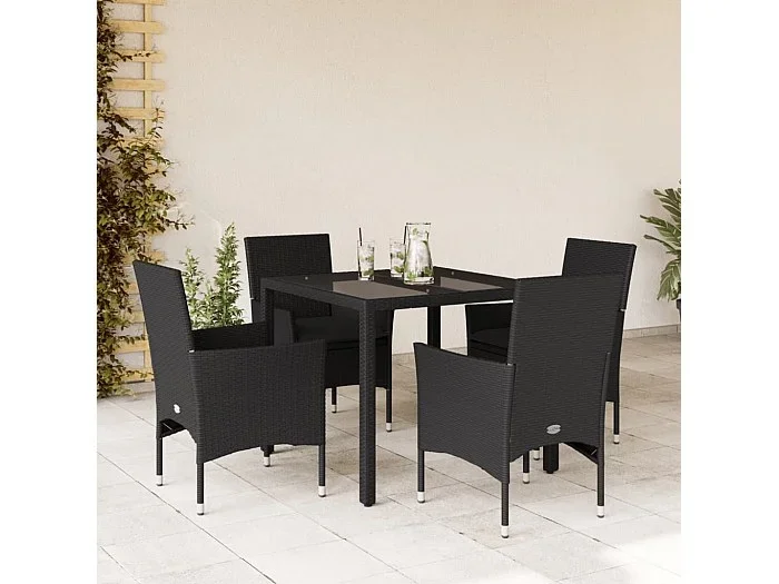 Set comedor jardín 5 pzas cojines ratán sintético vidrio negro ES306706