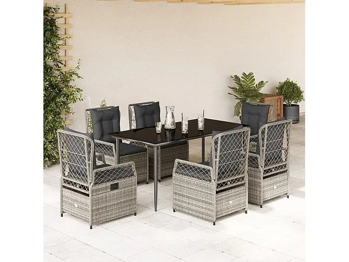 Set comedor jardín 7 piezas y cojines ratán sintético gris