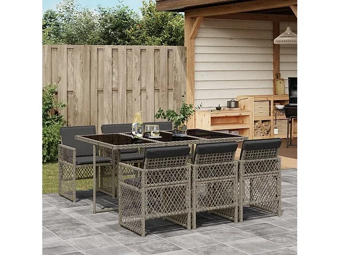 Set comedor jardín 7 piezas y cojines ratán sintético gris