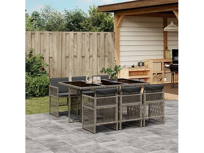 Set comedor jardín 7 piezas y cojines ratán sintético gris