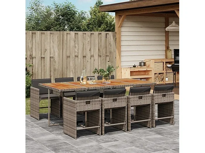 Set comedor jardín 9 piezas y cojines ratán sintético gris