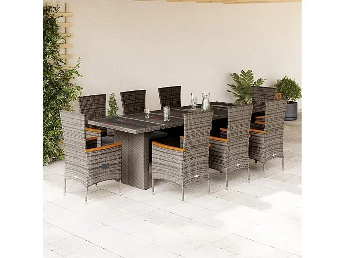 Set comedor jardín 9 piezas y cojines ratán sintético gris
