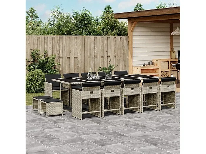 Set comedor jardín y cojines 15 piezas ratán sintético gris claro