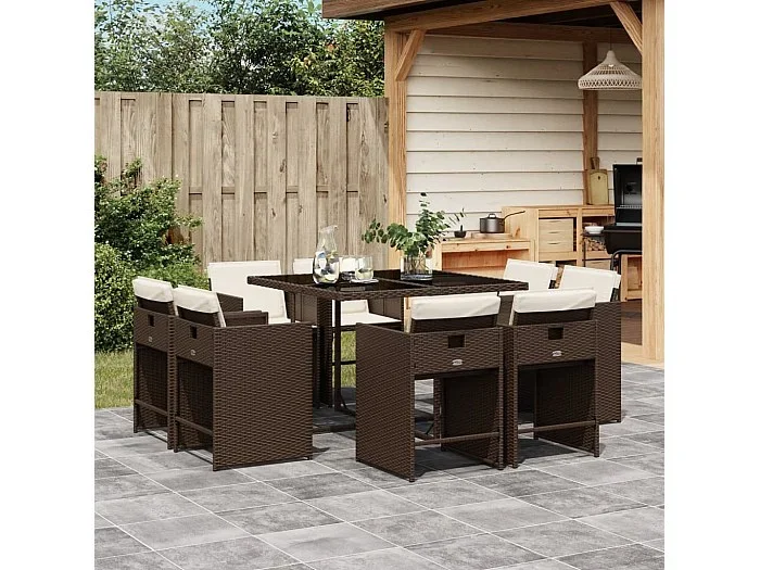 Set comedor para jardín 9 piezas y cojines ratán sintético marrón