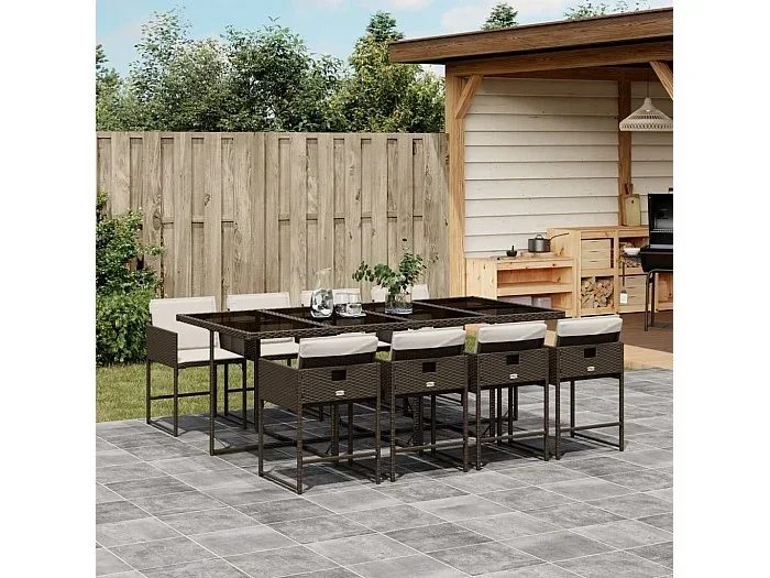 Set comedor para jardín 9 piezas y cojines ratán sintético marrón