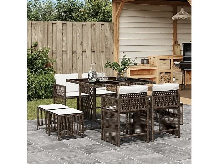 Set comedor para jardín 9 pzas y cojines ratán sintético marrón ES668287