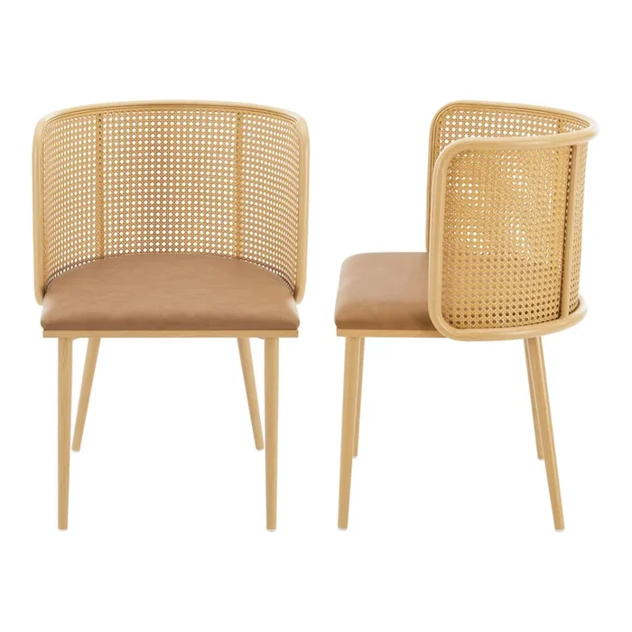 Set de 2 sillas de comedor Flen polipiel / metal / ratán 75 x 52 x 49 cm – Marrón y efecto madera [en.casa]