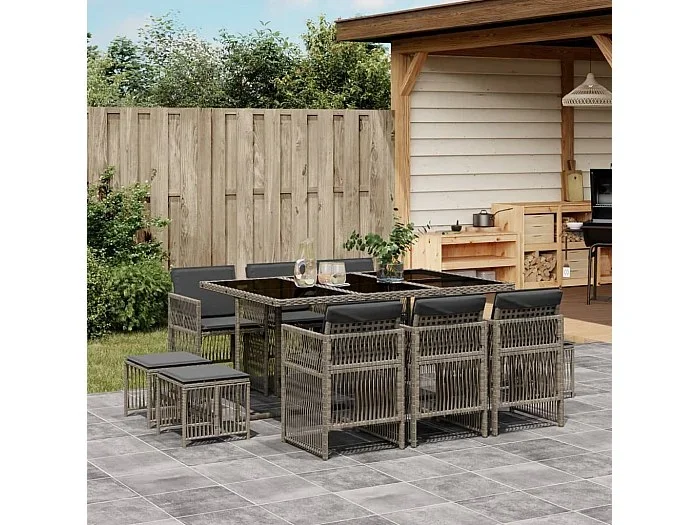Set de comedor de jardín 11 piezas y cojines ratán sintético gris