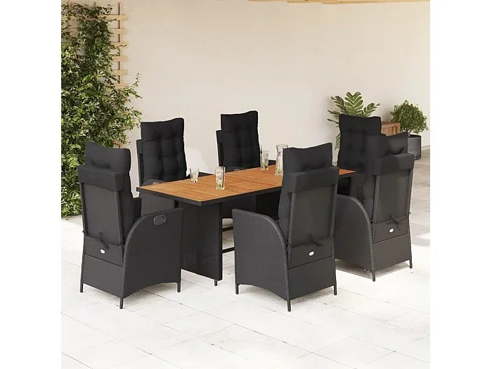 Set de comedor de jardín 7 piezas y cojines ratán sintético negro