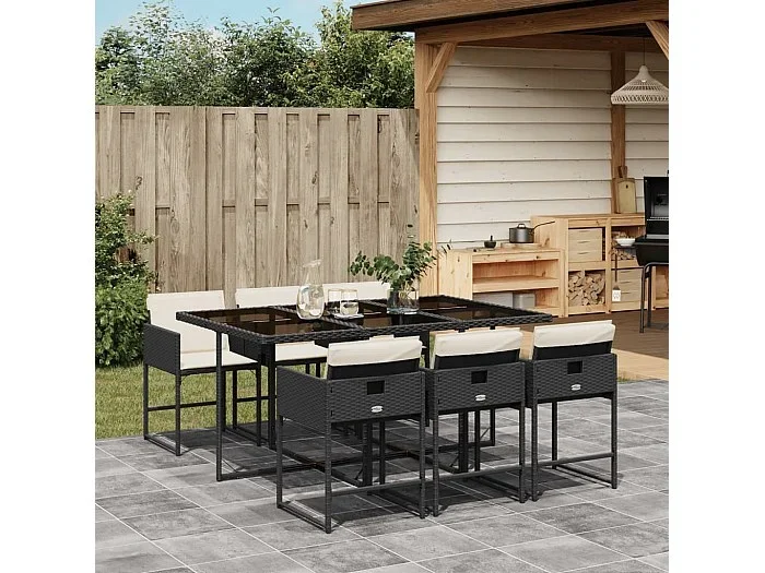 Set de comedor de jardín 7 pzas y cojines ratán sintético negro ES753588