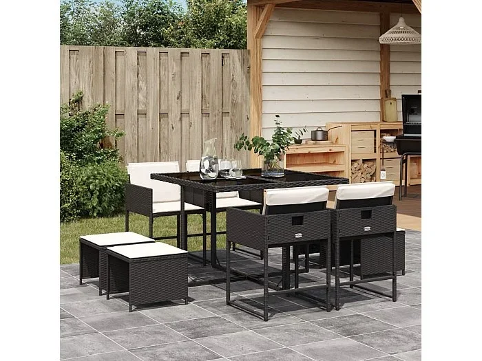 Set de comedor de jardín 9 piezas y cojines ratán sintético negro